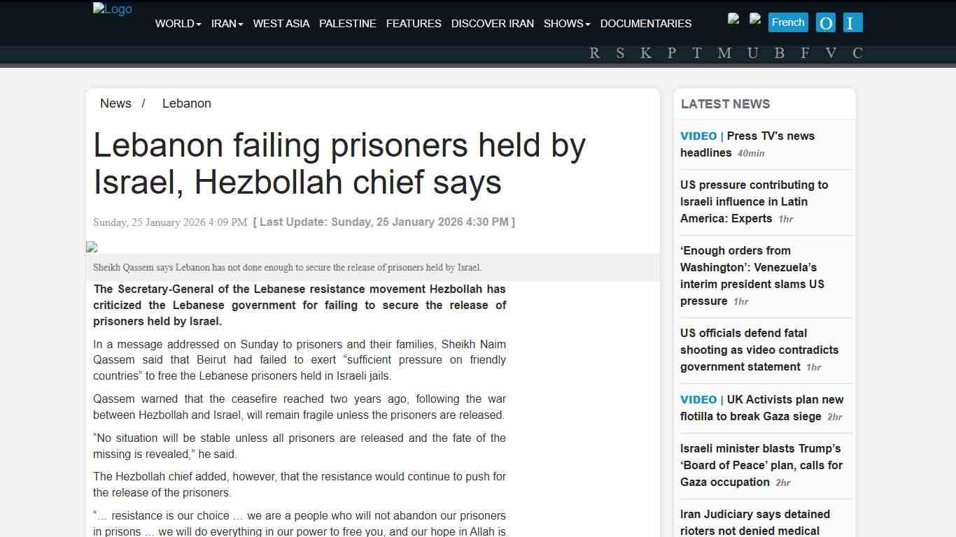 Lebanon failing prisoners held by Israel, Hezbollah chief says